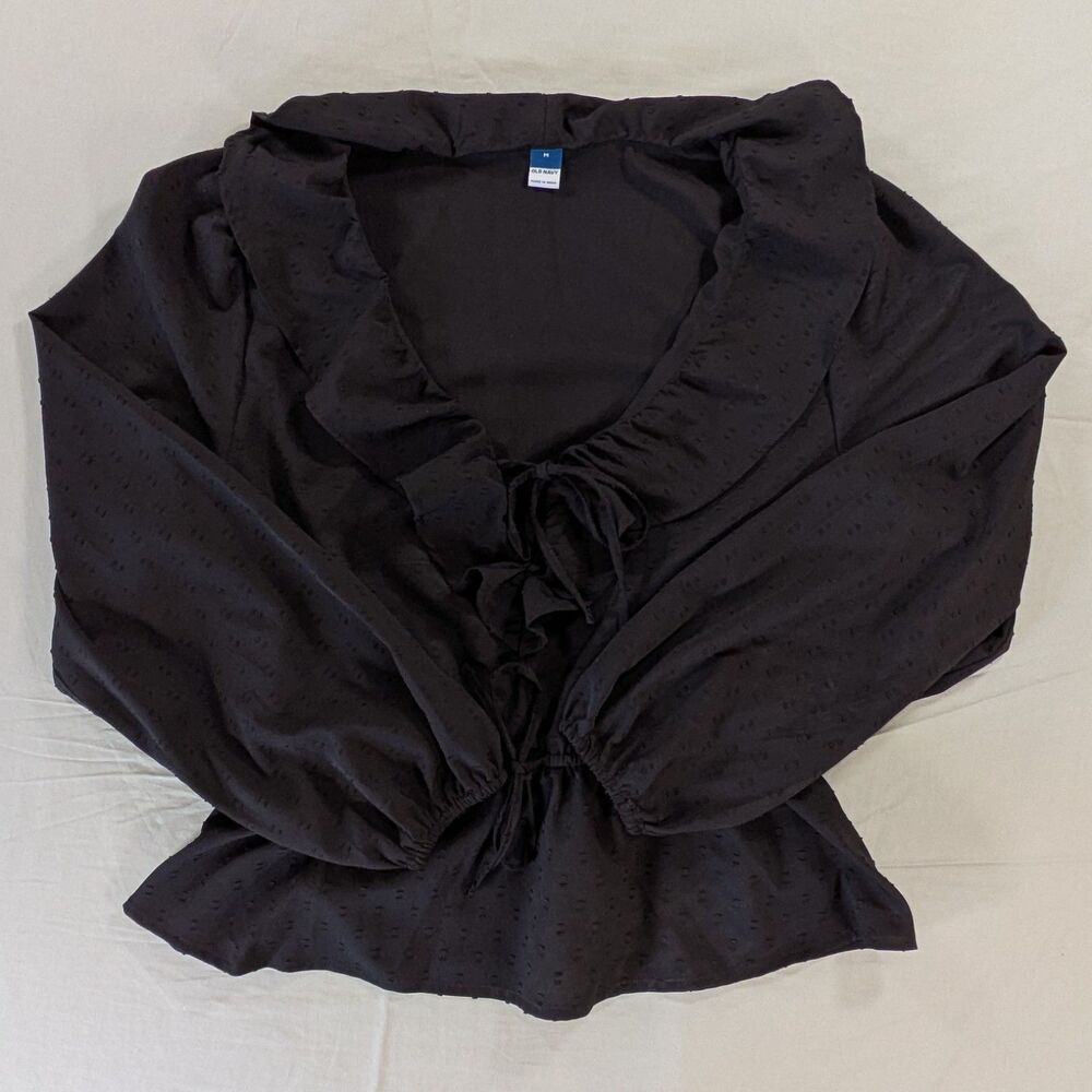 Old Navy Women’s Size Medium Black Ruffle V-Neck Long Sleeve Blouse Swiss Dot